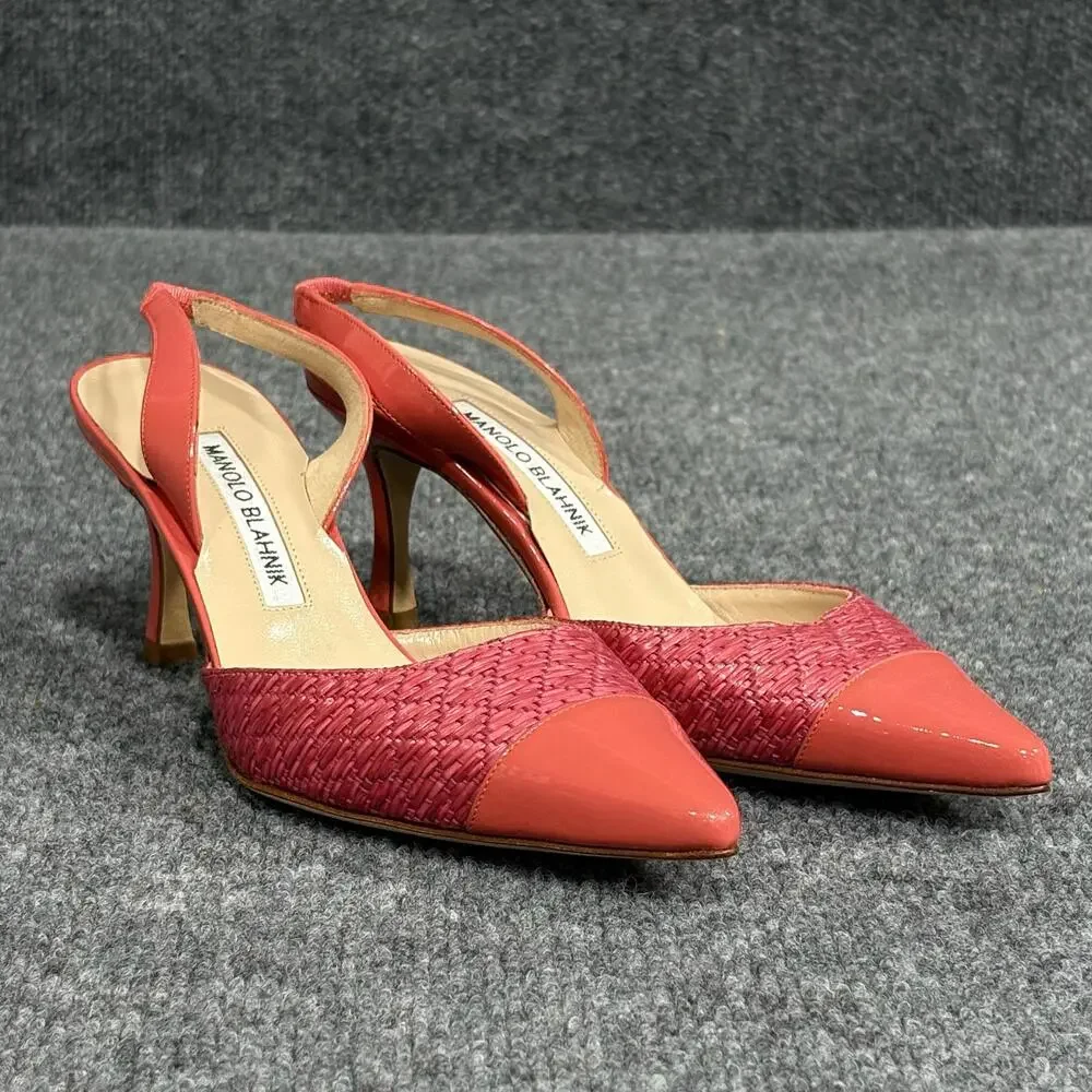 Manolo Blahnik Slingback Heels Womens 5 Pink Capsli Raffia Leather Italy Shoes